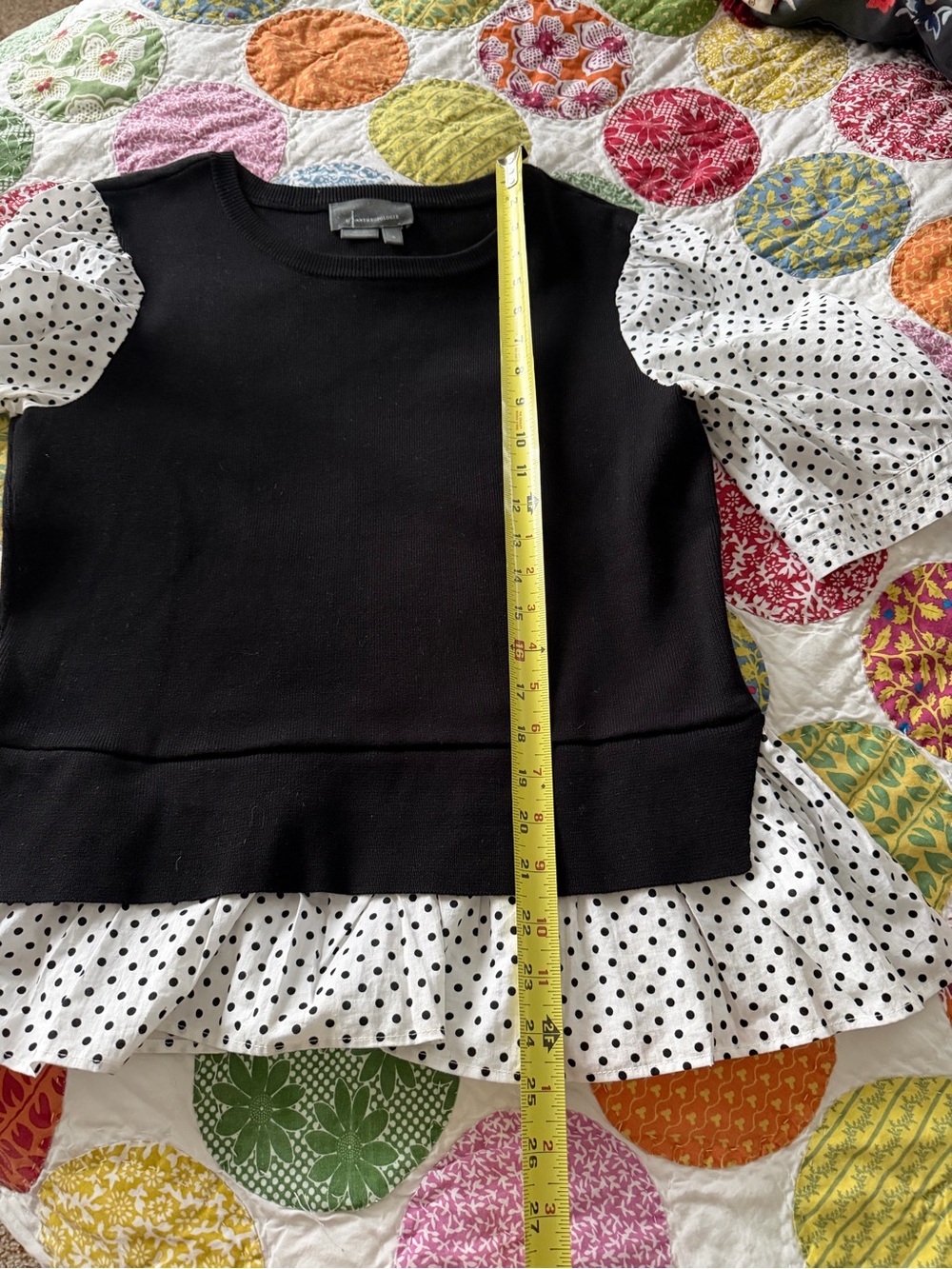 By Anthropologie Layered Poplin-Sleeve Polka Dot Mixed Media Sweater Top, M - Picture 8 of 13